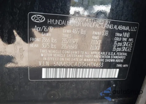 2019 Hyundai Santa Fe Se from USA, damaged, VIN 5NMS2CAD3KH114633